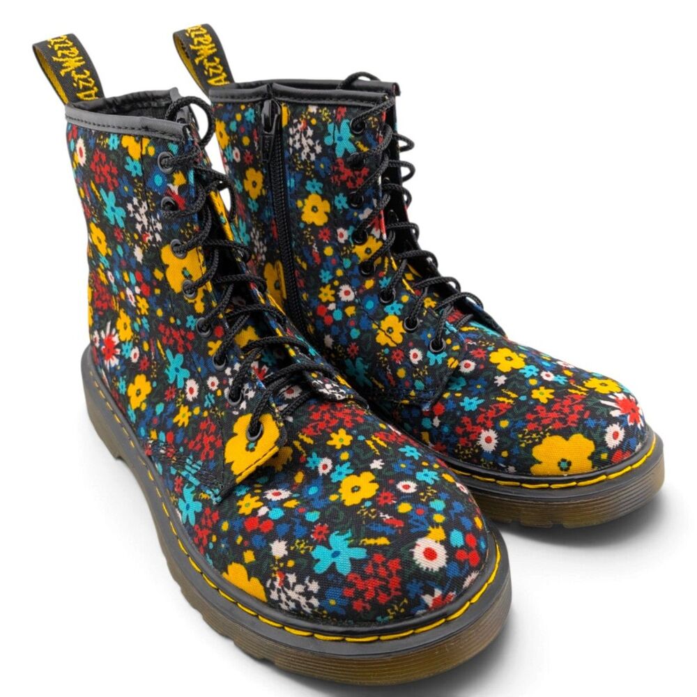 Dr Martens Delaney Girls Youth 5 Floral Canvas Combat Boots Side Zip EU 36